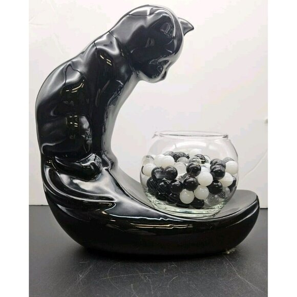 Vintage Haeger Black Ceramic Cat With Glass Fish Bowl With Marbles - Picture 2 of 11